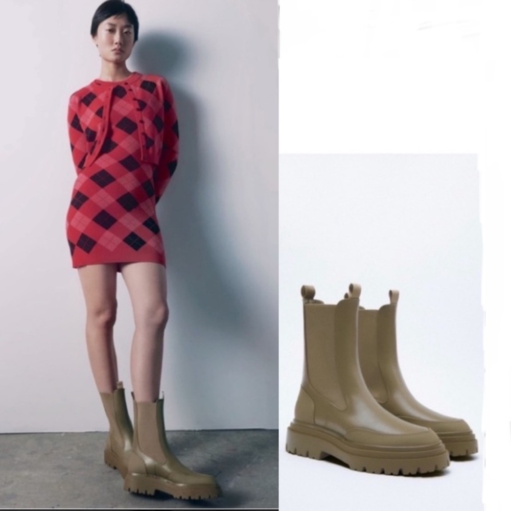 NEW ZARA LUG SOLE WATERPROOF RUBBER CHELSEA BOOTS KHAKI GREEN SIZE EURO 40